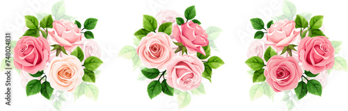 Pink and white roses. Set of vector floral bouquets with pink and white rose flowers and green leaves isolated on a white background
