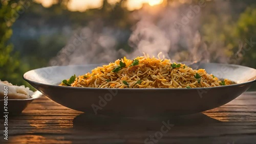 Chicken Biryani with Fragrant Basmati and Exotic Spices, food stock video, boryani video, festival food, seamless looping, 4k video looping, dinner stock videos, food recipes, youtube videos, stock ai photo