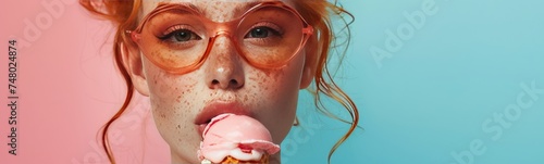 portrait of a strong and feminine red head young woman, early 30s, freckle, licking a huge ice cream cone, wearing neon goggles