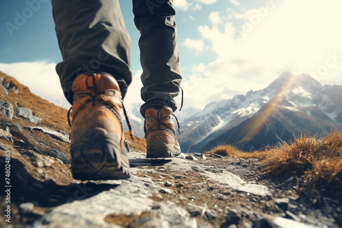 Feet in boots, walking hiking in mountains and mountaineering. Climbing, hike, tourism, travel, traveling and journey