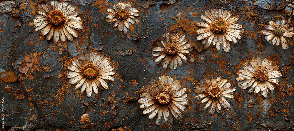 Abstract sheet metal rust texture background with embedded daisy ...