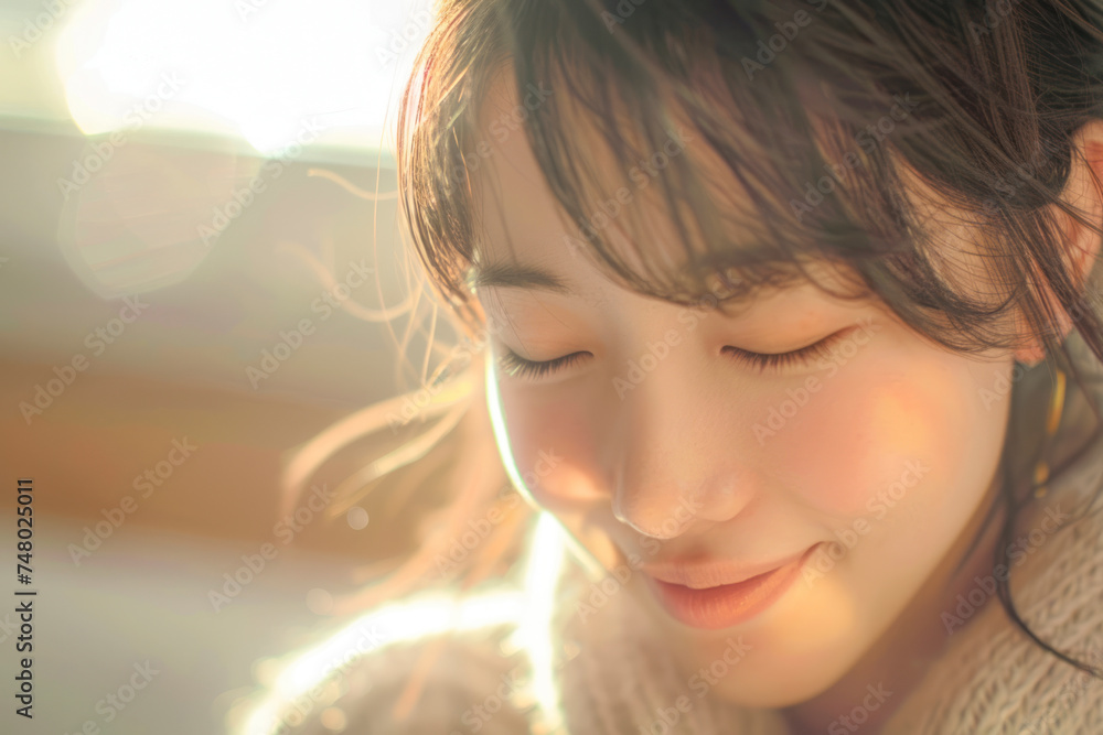 Beauty Sunshine Girl Portrait. Happy Woman Smiling and looking Down. Beauty Sunshine Girl Portrait. Happy Woman Smiling and looking Down.