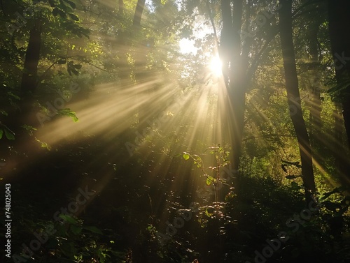 The sun s rays pass through the foliage of the trees in the forest