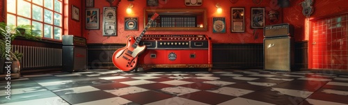 guitar in a room with red walls and a checkered floor.