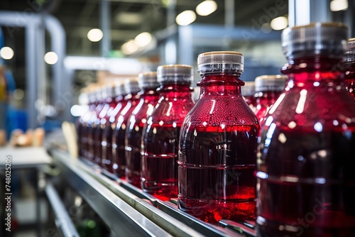 a row of bottles on a conveyor belt