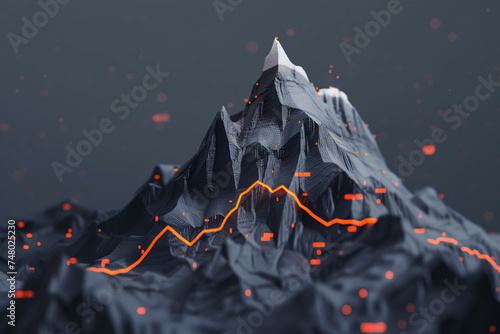 Illustration of orange graphics on black mountain background. Progress infographic.