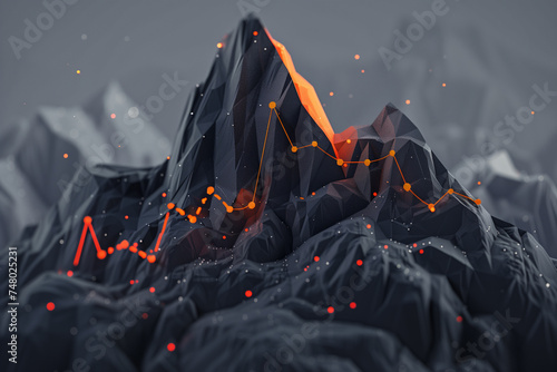 Illustration of orange graphics on black mountain background. Progress infographic.