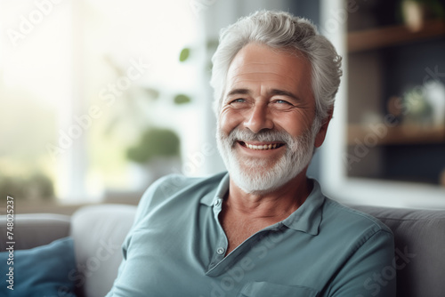 Happy middle aged man sitting on sofa at home, a single mature senior in living room