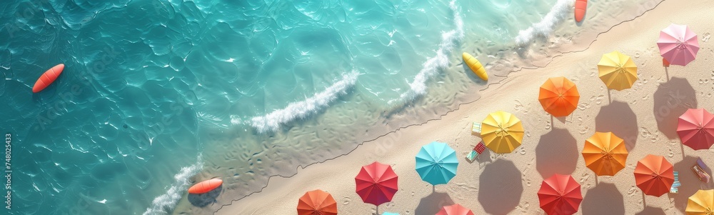 Naklejka premium Looking striaght down from the sky, you can see a beautiful white beach with two rows of colorful parasols, photorealisti