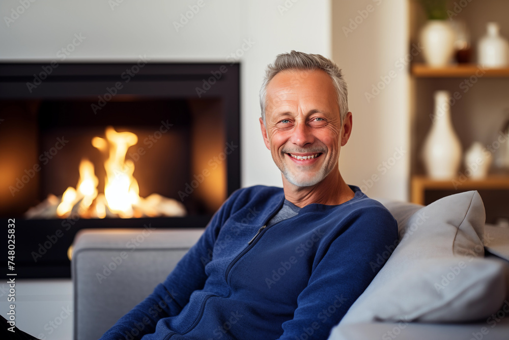 Fototapeta premium Happy middle aged man sitting on sofa at home, a single mature senior in living room
