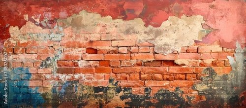 A close-up view of a red brick wall with colonial vintage bricks. The paint on the wall is peeling off  revealing the worn and weathered surface underneath.
