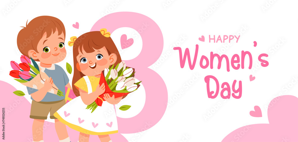 Boy and girl with bouquets of tulip flowers. Postcard for Women's Day. Vector illustration Boy and girl with bouquets of tulip flowers. Postcard for Women's Day. Vector illustration
