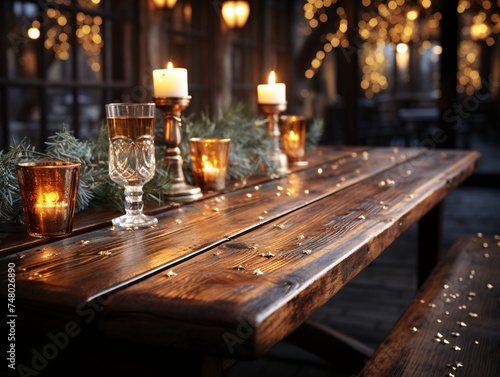 Wooden table with Christmas decorations in dark room. Festive background