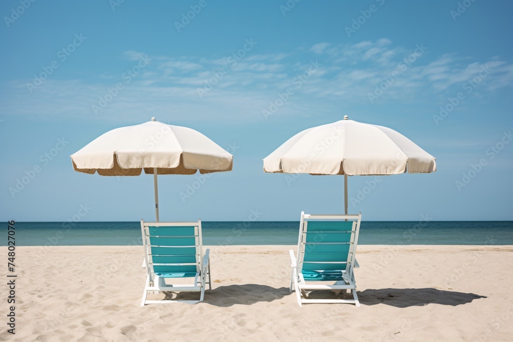 two chairs and umbrellas on a beach