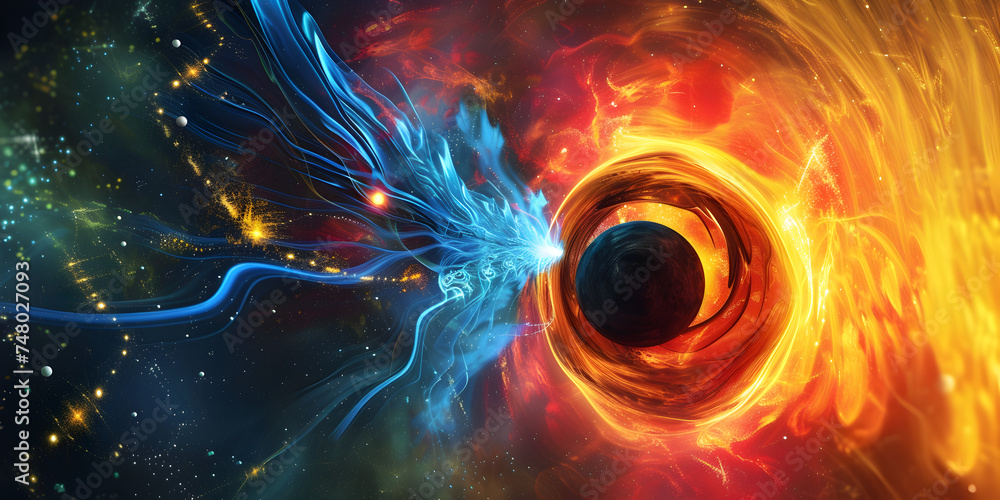 The behavior of particles in a magnetic field | Stars and material falls into a black hole. Abstract space wallpaper. Black hole with nebula over colorful stars and cloud fields in outer space - obrazy, fototapety, plakaty 