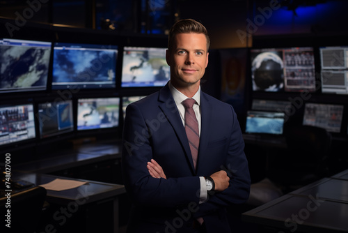 TV news presenter on a popular channel. live stream broadcast on television. A handsome white guy in a suit