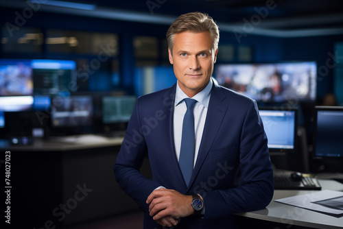 TV news presenter on a popular channel. live stream broadcast on television. A handsome white guy in a suit © Darya