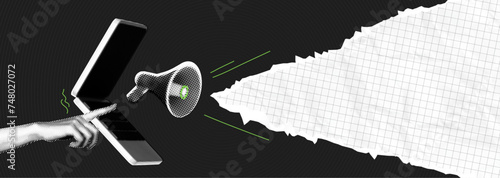 Trendy Halftone Collage Laptop with Megaphone and torn paper edge. Promotion banner with space for your design. Social media announcing and marketing. Online news. Concept of work and advertising