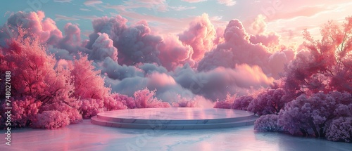 Dreamy Winter Fantasy: A Snow-Covered Marble Podium Set Against Pink Clouds and a Whimsical Pink Background with 3D Rendered Effects