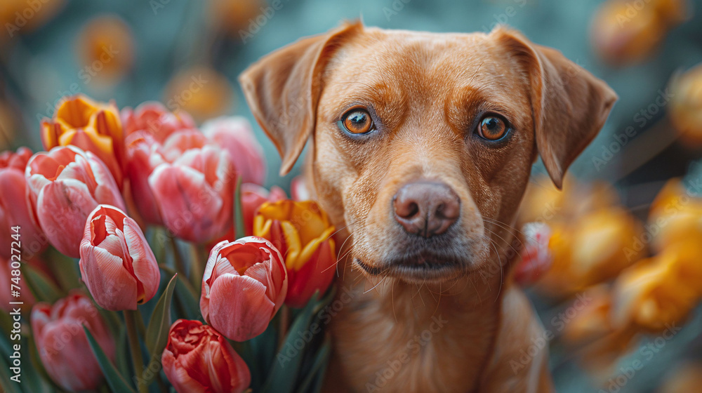A dog holding a carefully arranged bouquet of tulips against a dreamy pastel-colored backdrop
