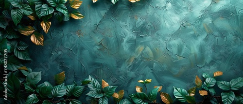 Painting abstract art on canvas. Reminiscence, golden brushstrokes. Textured background. Oil on canvas. Modern Art. Floral leaves, green, gray, wallpaper, poster, card, mural, carpet, hanging, print.