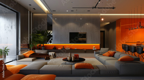 Gray and orange modern lounge.