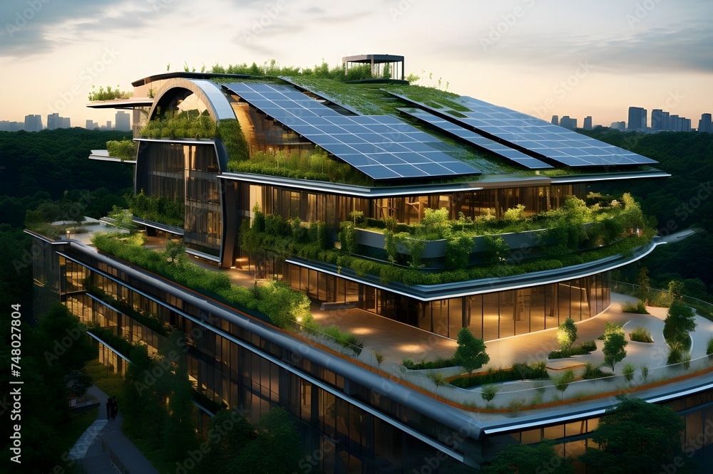 Sustainable Green Building: An eco-friendly building with solar panels and green roofs, highlighting the importance of sustainable architecture.

