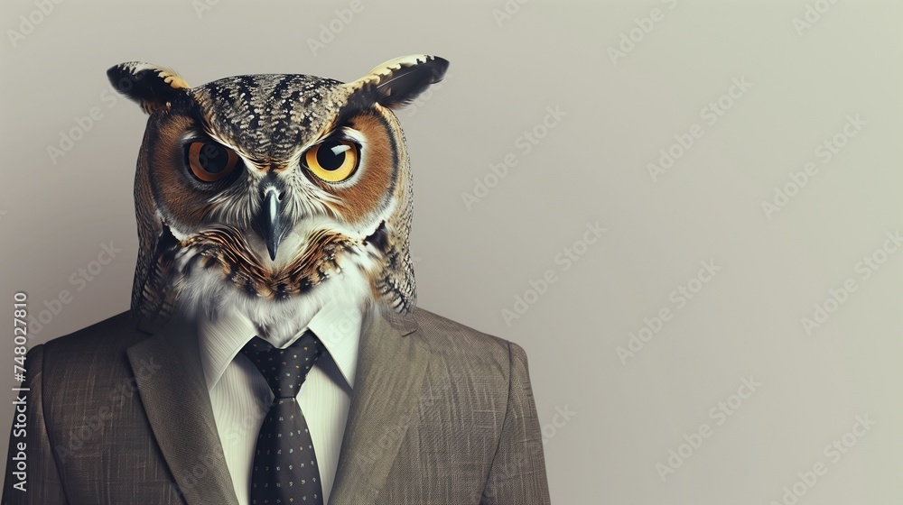 a owl wearing a suit with a tie on a plain white background on the left side of the image and the right side blank for text, a owl wearing a suit with a tie on a plain white background on the left side of the image and the right side blank for text,