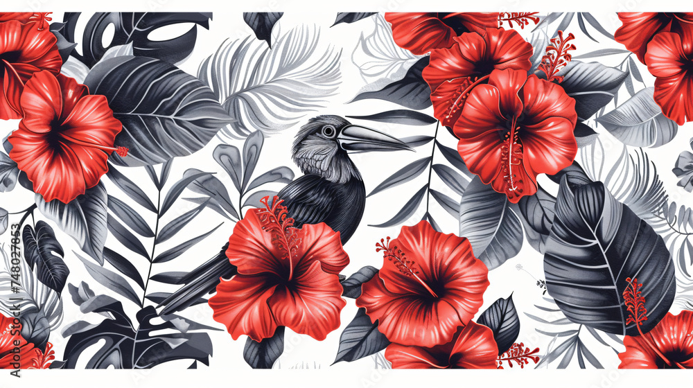 Tropical exotic seamless pattern with red hibisc