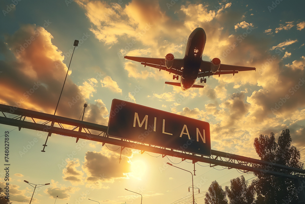 Plane landing in Milan, Italy with "MILAN" road sign in frame	 - obrazy, fototapety, plakaty 