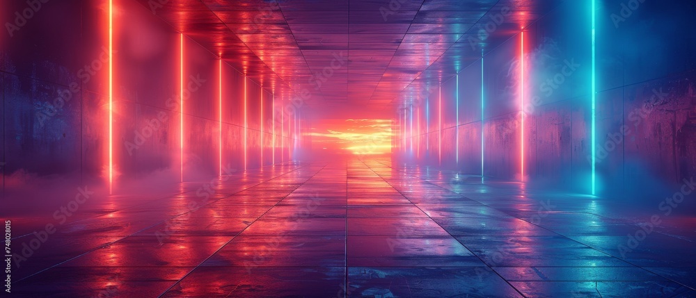 The world of the Luminous Nexus: A journey along futuristic sci-fi futuristic space pathways filled with neon blue glowing light strips in cyberpunk colors