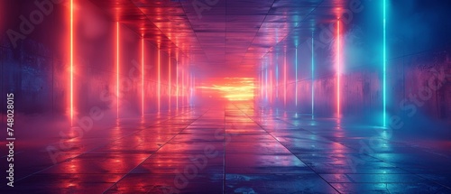 The world of the Luminous Nexus: A journey along futuristic sci-fi futuristic space pathways filled with neon blue glowing light strips in cyberpunk colors