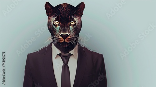 a panther wearing a suit with a tie on a plain white background on the left side of the image and the right side blank for text 