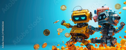 3D cartoon of robots in a race against time to deactivate a series of bitcoin bombs, dynamic action