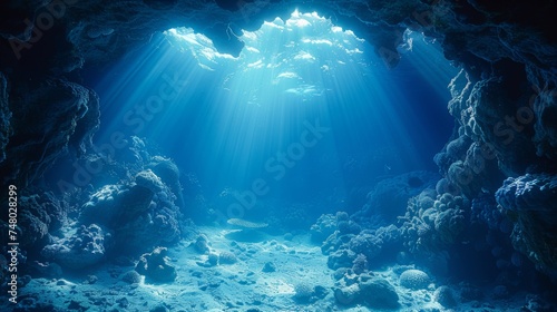Blue Sunlight Over Deep Abyss Underwater