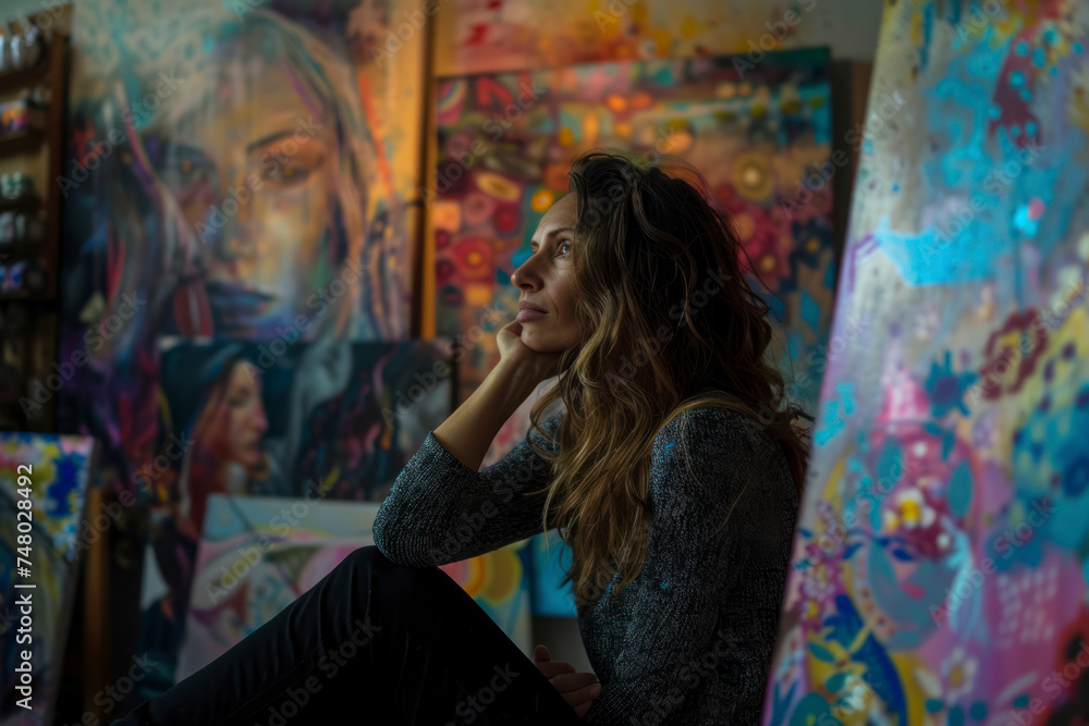 Obraz premium Creative artist lost in thought, surrounded by her vibrant artworks.