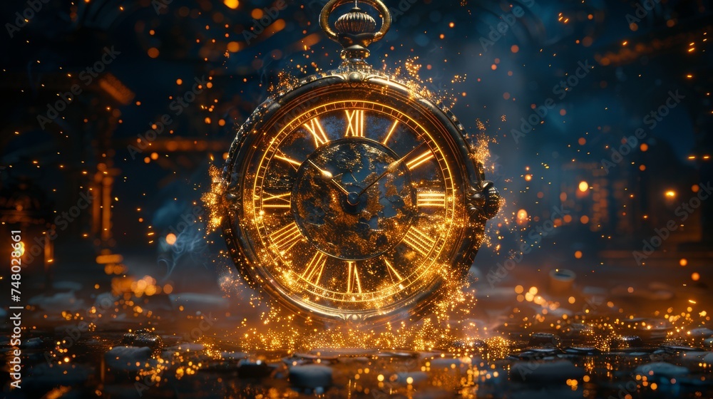 An abstract and defocused background containing a clock, fireworks, and a Countdown To Midnight for the New Year of 2023