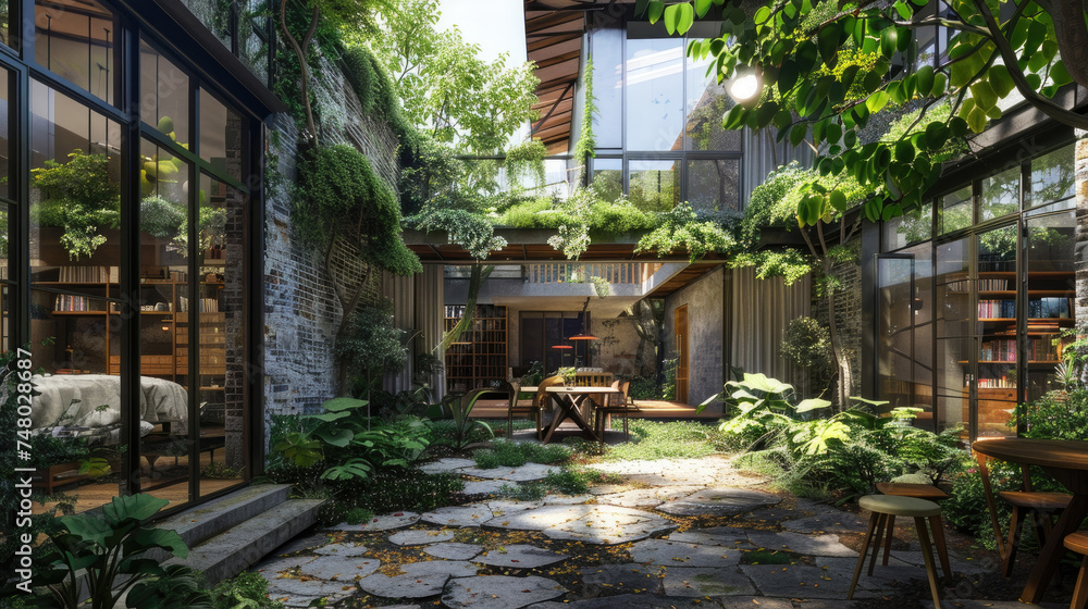 An artists perspective of a courtyard arranged with multiple tables and chairs, showcasing a calm and inviting outdoor setting An artists perspective of a courtyard arranged with multiple tables and chairs, showcasing a calm and inviting outdoor setting