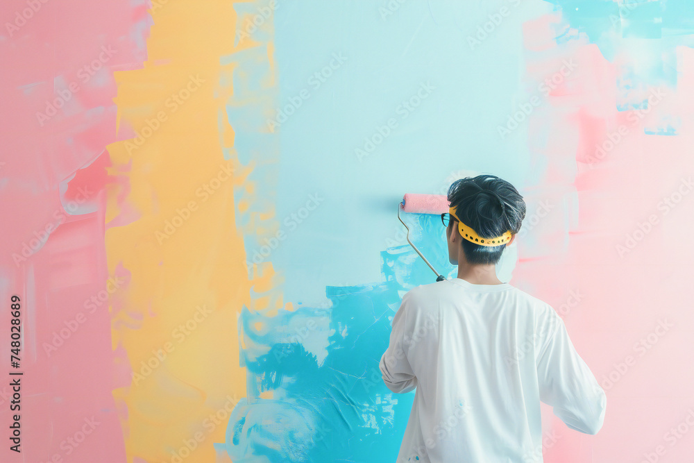 Male house painter applying pastel color with roller to a wall Male house painter applying pastel color with roller to a wall