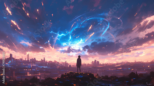 abstract amazing lightning strike, anime background photo