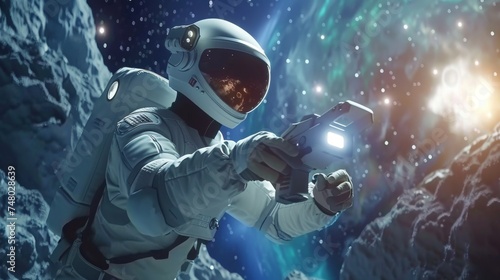 An astronaut clad in a space suit is depicted adjusting equipment with a cosmic backdrop of stars and distant galaxies.