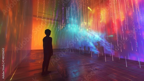 Silhouetted figure standing mesmerized by a dynamic and colorful light installation  creating a spectrum of illumination in a dark space.