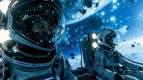 Two astronauts in full gear are seen inside a spacecraft, with a backdrop of asteroids and the vastness of space around them. © doraclub