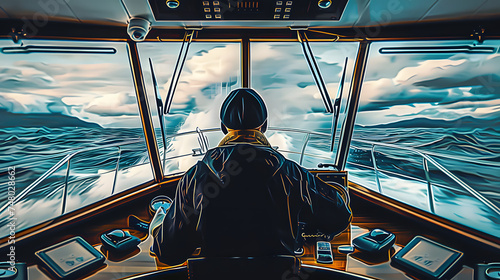 a sea captain in the cockpit of a transatlantic ship sailing the sea photo