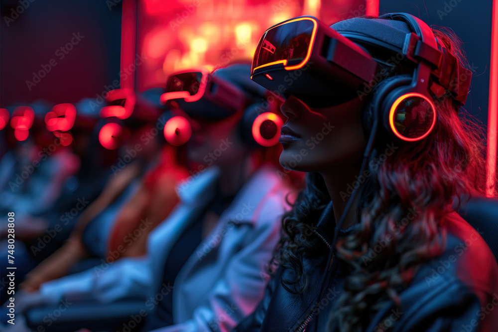 Women wearing virtual reality watching goggles headset spatial computer, augmented reality technology, colorful neon