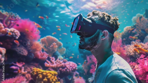 A man is captivated by the underwater wonders of a coral reef, exploring the diverse marine ecosystem through virtual reality. © doraclub