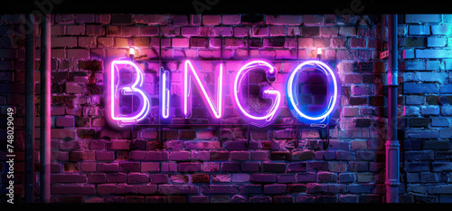 Bingo neon sign. purple and blue glow. neon text. Brick wall lit by neon lamps.