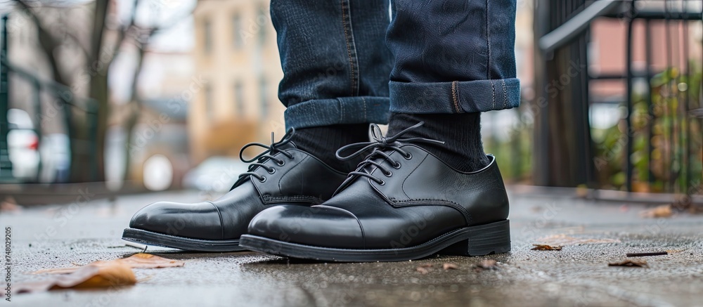A close-up view of a person standing on a sidewalk wearing black leather dress shoes, black socks, and blue jeans. A close-up view of a person standing on a sidewalk wearing black leather dress shoes, black socks, and blue jeans.