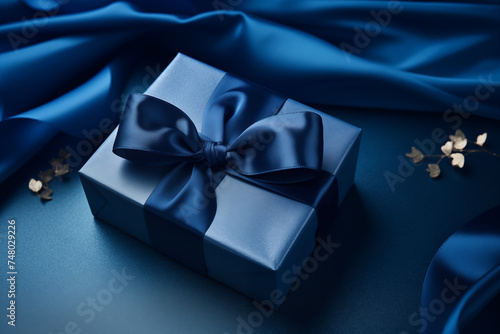 Festive Blue Gift Box with Ribbon and Gold Confetti: Celebration Ready