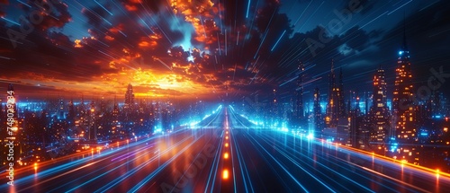 Cyberpunk 3D Sci-Fi Empty Space Pathway Navigating with Blue and Orange Glowing Light Strips